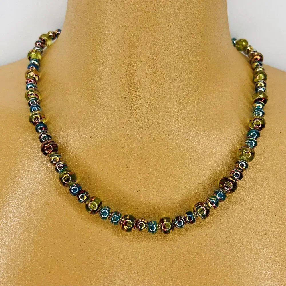 Vintage Art Glass Necklace Crystal Carnival Foil Multicolor Sterling Silver 4725